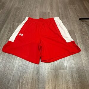 Under‎ Armour Men's Red White UA Baseline Basketball Shorts Size L Loose Fit